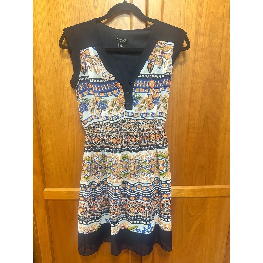 Enfocus Studio Women Navy Blue Boho Floral Geometric Print Fit Flare Dress Sz 4